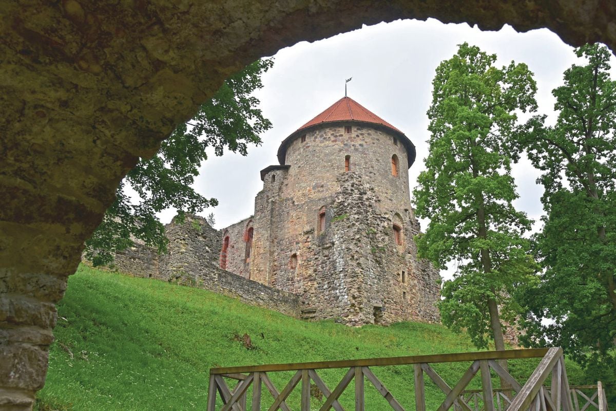 Mittelalterliche Burg aus Stein auf einem grünen Hügel, gesehen durch einen Torbogen, umgeben von hohen Bäumen.